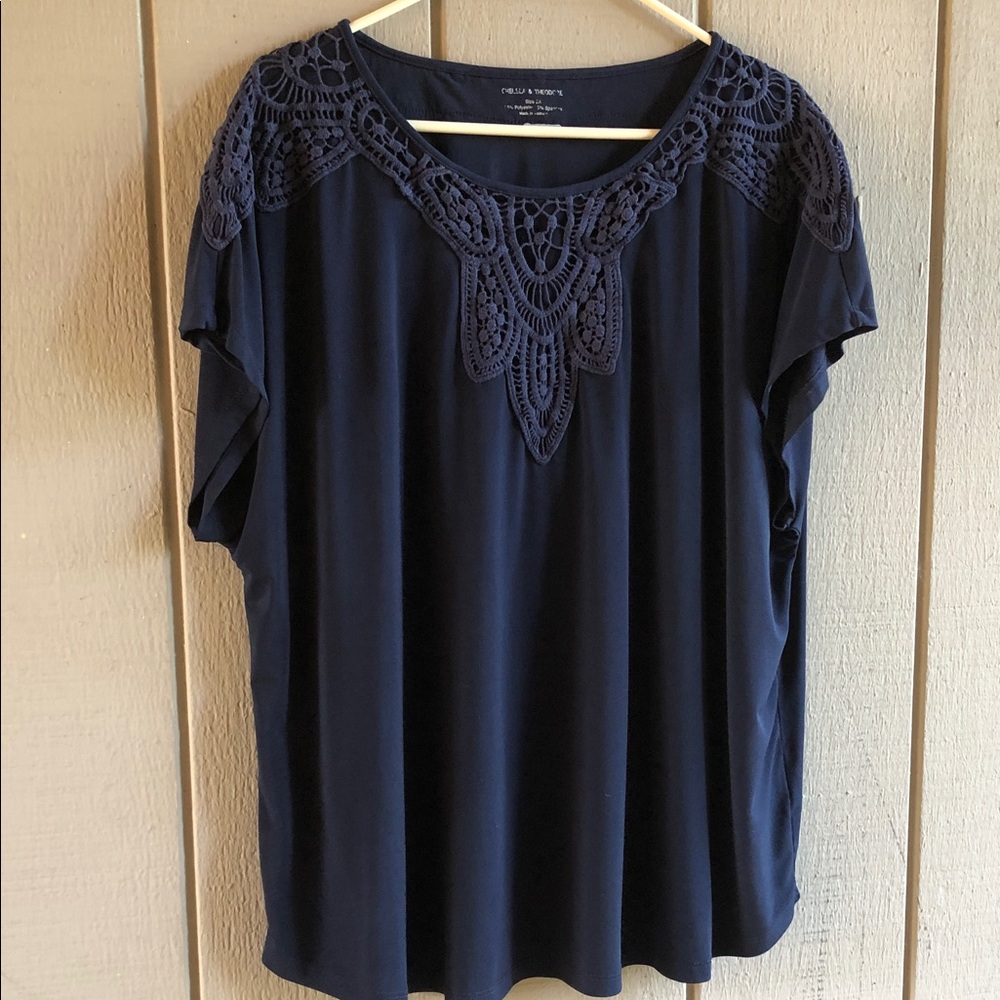 Chelsea & Theodore Navy Crochet Yoke Short Sleeve Top